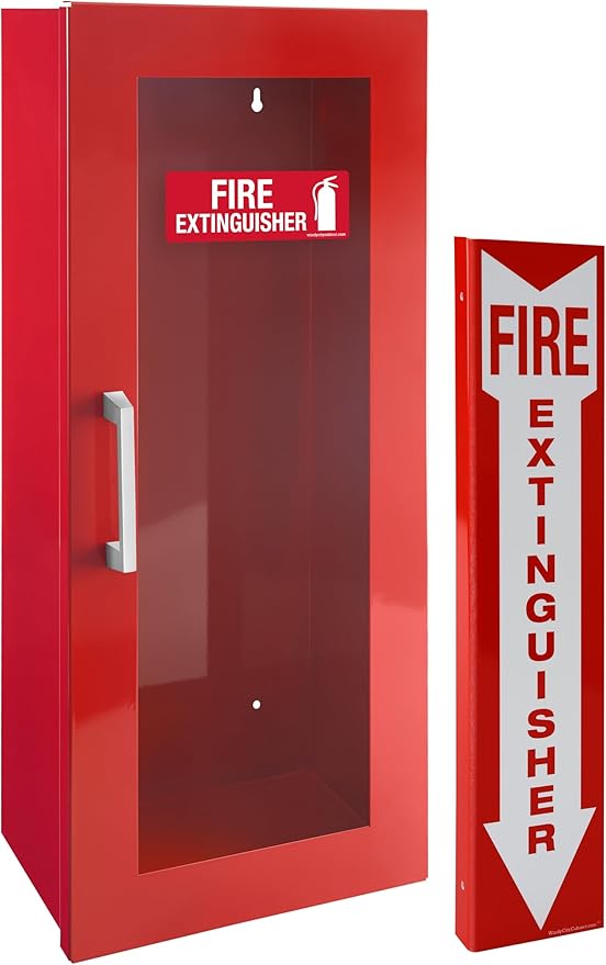 Fire Extinguisher Mount & Sign - Red Cabinet with Door - 22 Gauge Steel, Powdercoat Finish, Metal Handle, Universal Wall Mountability - 5-10 lb. Capacity - Made in USA - Extinguisher Not Included