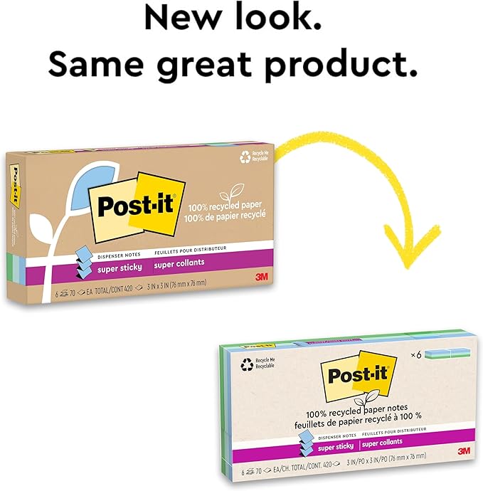 Post-it 100% Recycled Paper Super Sticky Pop-up Notes, 2X The Sticking Power, 3x3 in, 6 Pads, 70 Sheets/Pad, Oasis Collection (R330R-6SST)