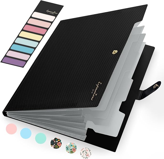 Sooez Accordion File Organizer, Letter Size Expanding File Folder with Labels, 5 Pocket Folders for Documents, Portable Paper Bill Receipt Organizer for Home School Office Supplies, Black