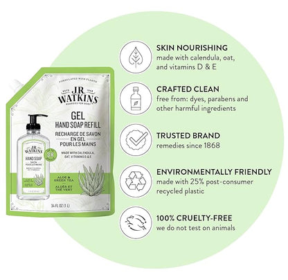 J.R. Watkins Gel Hand Soap Refill, Moisturizing Hand Wash, Alcohol-Free, Cruelty-Free, Aloe Green Tea, 34 Fl Oz, 3 Pack