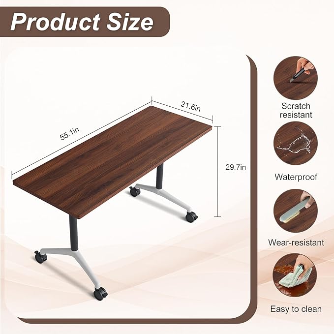 Folding Conference Table,Conference Table with Wheels,Large Flip-Top Training Table,Freely Combinations,Easy to Move for Offices, Schools,Training Rooms（6,Walnut,55