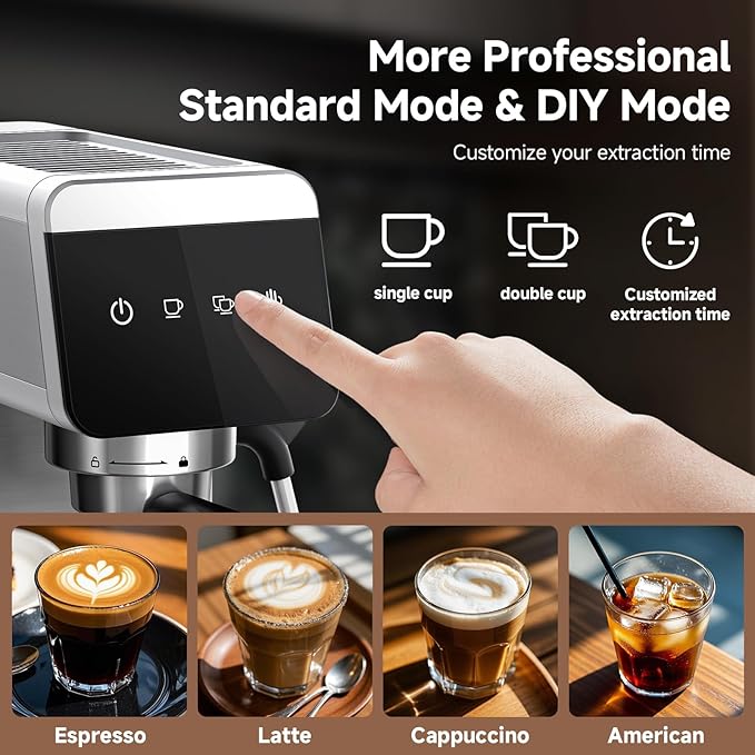 AMZCHEF Espresso Coffee Machine|Upgraded Water Tank |20 Bar Pressure System|LED Touch Screen|Compact Design Perfect for Home & Office