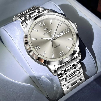 Stainless Steel Mens Watches with Day Date Quartz Analog Large Face Classic Watch Arabic Numerals Dress Luminous Rlojes para Hombres