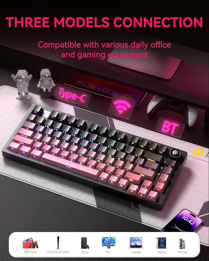 LEOBOG Wireless Mechanical Keyboard,75% Gasket Hot Swappable Custom Keyboard with Knob, 2.4GHz/USB-C/BT5.0 Mechanical Gaming Keyboards for PC/MAC/Windows - Seiya Switch, Black Pink (HI75C Pro)
