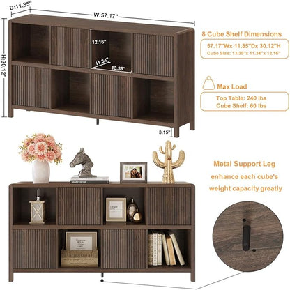 FATORRI 8 Cube Storage Organizer Bookshelf with Storage, Horizontal Bookcase with 4 Doors, Long Wooden Book Shelf for Living Room, Home Office (Dark Walnut)