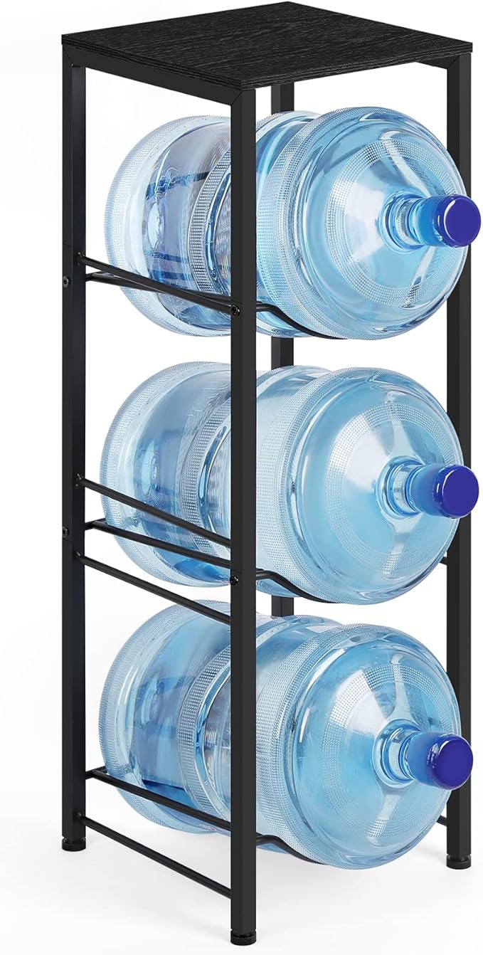 Water Bottle Holder Organizer 5 Gallon Water Jug Stand with Shelves, 3-Tier Water Bottle Dispenser Stand for Kitchen Living Room Office, Black