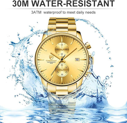 GOLDEN HOUR Fashion Business Mens Watches with Stainless Steel Waterproof Chronograph Quartz Watch for Men, Auto Date