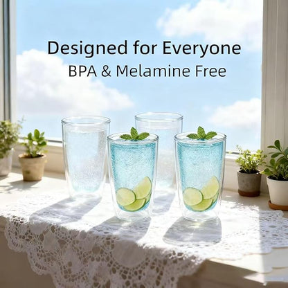 Unbreakable 16oz Tumblers Set of 4 - Plastic Double Wall Insulated Cups, Shatterproof Clear Travel Mugs Keep Drinks Cold & Hot, Reusable BPA-Free for Camping, Party, Office, Home Use (Hand Wash)