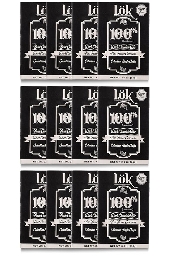 Lök Foods Organic Dark Chocolate Bar - 100% Cacao, Healthy Dark Chocolate, Sugar-Free, Vegan, Gluten-Free, 85g - No Sugar for Diabetics, Celiacs, Keto & Paleo Friendly Snack | 3.0 Oz 12 Pack
