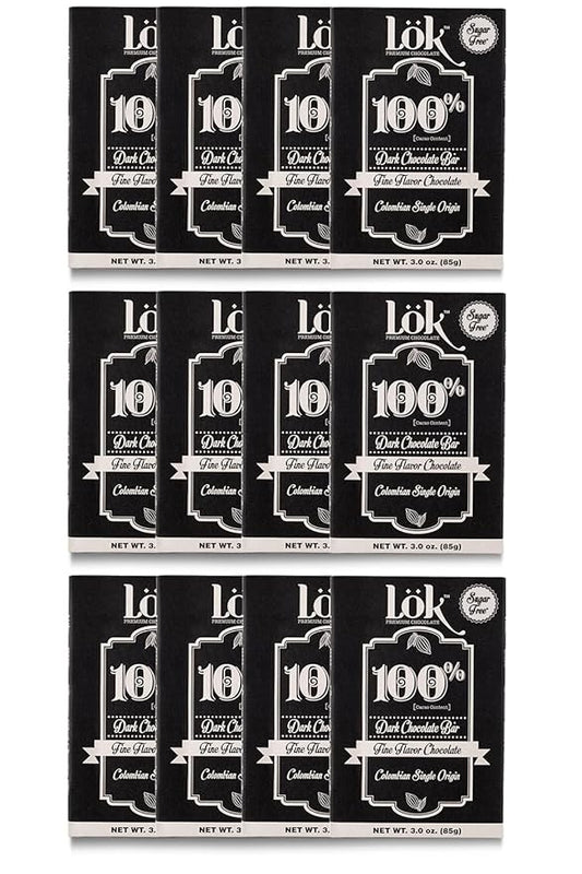 Lök Foods Organic Dark Chocolate Bar - 100% Cacao, Healthy Dark Chocolate, Sugar-Free, Vegan, Gluten-Free, 85g - No Sugar for Diabetics, Celiacs, Keto & Paleo Friendly Snack | 3.0 Oz 12 Pack