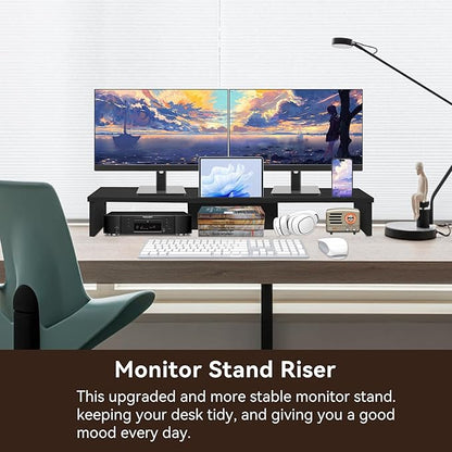 Dual Monitor Stand Riser with Phone Tablet Holder, 35.8in Large Monitor Stand for Desk, Computer Monitor Stand for 2 Monitors, Desk Shelf for Top of Desk, Desktop Organizer for Laptop, Printer, TV
