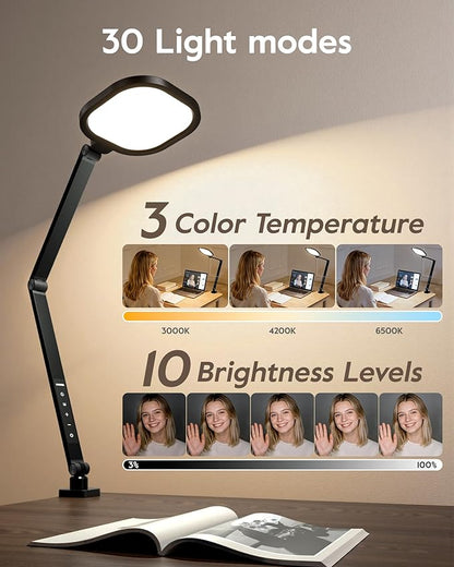 Desk Lamps for Home Office, 2000LM Eye-Caring Desk Light with Clamp, Dimmable Zoom Lighting with 3 Colors & 10 Brightness, Remote Computer Ring Light for Video Calls,Conference, Reading, CRI>97.8