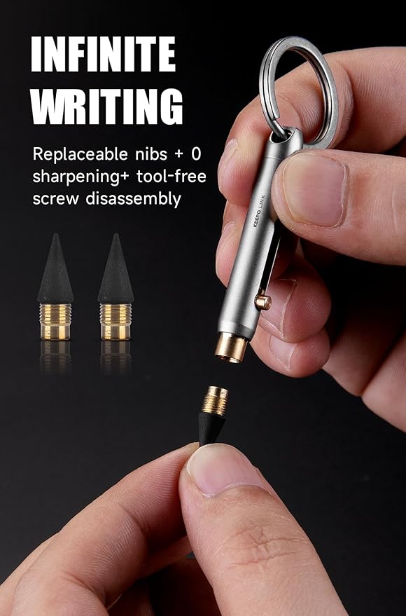KEEPO LINK Mini Mechanical Pencil with Key Ring & 2 Extra Nibs, Titanium Infinite Keychain Pencil for Everyday Carry, Office, Outdoor, Back to School Supplies, OLP01 (Matte Black)