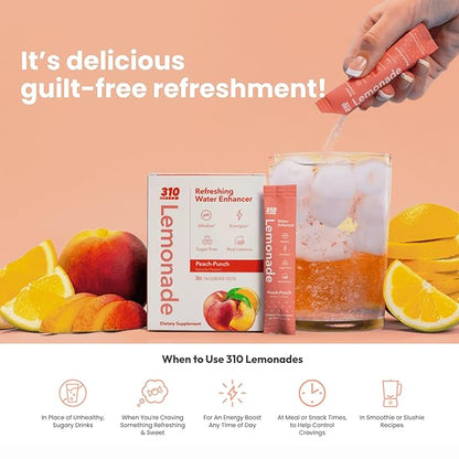 310 Nutrition Sugar-Free Lemonade Water Flavoring Packets - Peach Punch Hydration with Alkalizing Minerals - Low-Calorie Water Enhancer for Energy & Refreshment - 30 Singles - Made in The USA