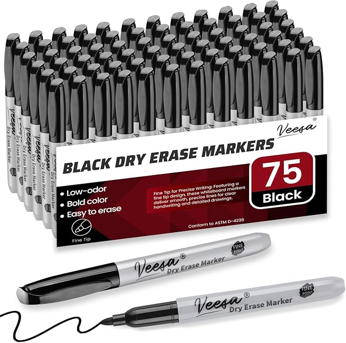 VEESA Dry Erase Markers Black, Fine Tip, 75 Pack Low-Odor Whiteboard Marker Pens, Home School Supplies, Office Series