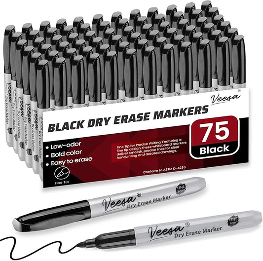 VEESA Dry Erase Markers Black, Fine Tip, 75 Pack Low-Odor Whiteboard Marker Pens, Home School Supplies, Office Series