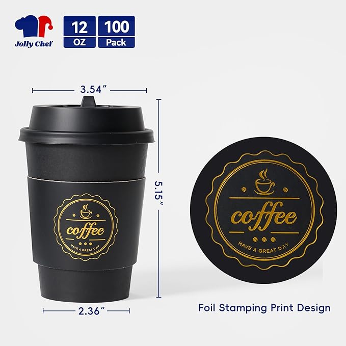 JOLLY CHEF 100 Pack 12 oz Disposable Coffee Cups Hot Beverage Paper Coffee Cups with Lids, Sleeves and Stirrers (Black and White)