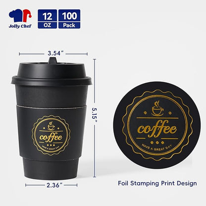 JOLLY CHEF 100 Pack 12 oz Disposable Coffee Cups Hot Beverage Paper Coffee Cups with Lids, Sleeves and Stirrers (Black and White)