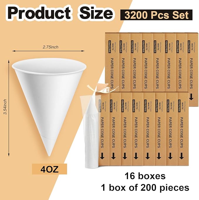 Roshtia 3200 Pcs 4 oz Paper Cone Cups Thicken Disposable Cone Cups for Shaved Ice, Slushies Water Cooler Dispenser, White