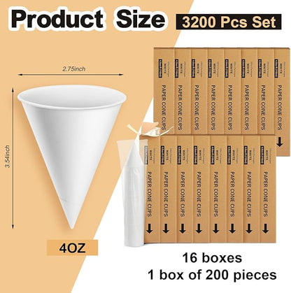 Roshtia 3200 Pcs 4 oz Paper Cone Cups Thicken Disposable Cone Cups for Shaved Ice, Slushies Water Cooler Dispenser, White