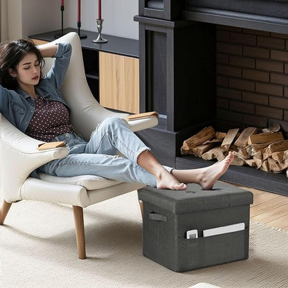 Storage Ottoman Foot Rest, Folding Linen Cotton Ottoman with Storage with Side Pockets and Handle, Foot Stool for Lounge, Study Corner, Home Office, 17x17x13 Inches, Dark Gray