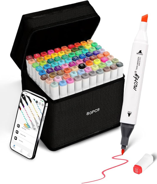 80 Colors Alcohol Markers with Free App, Chisel & Fine Tip Alcohol-Based Marker Set for Adults, Dual Tip Artist Markers for Drawing, Coloring Illustration, Painting and Great Gift Idea