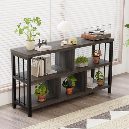 IBF Industrial 5 Cube Storage Organizer Bookshelf, Rustic Low Horizontal Book Shelf, Metal and Wood Cube Bookcase for Bedroom, Modern Wide Cubby Shelf for Living Room Home Office, Dark Grey Oak, 47 In