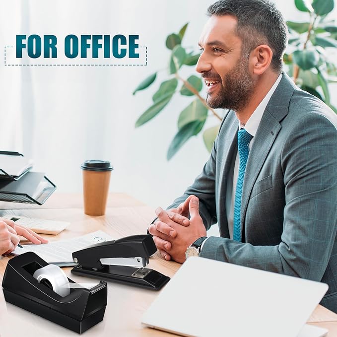 Thenshop 30 Pcs Desk Staplers Tape Dispensers Sets Black Staplers for Desktop Office with Standard Staples Black Holder with White Tape for Office School