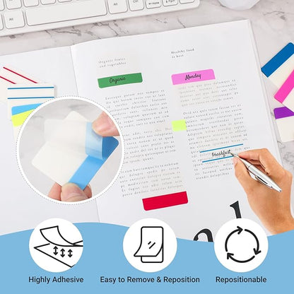 EUSOAR Sticky Tabs, 480 Pcs Multi-Colored Page Markers Sticky Tabs Transparent Self Adhesive Stickers, Repositionable Book Flags Strip Note Index Tab for Annotating Books Classify File Binders