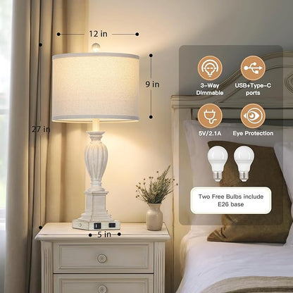 27" Farmhouse Table Lamps Set of 2 with USB C+A Ports & AC Outlet for Vintage Living Room Retro Bedroom,3-Way Dimmable Touch Lamp Resin Bedside Lamps for Nightstand Side End Table,Cream