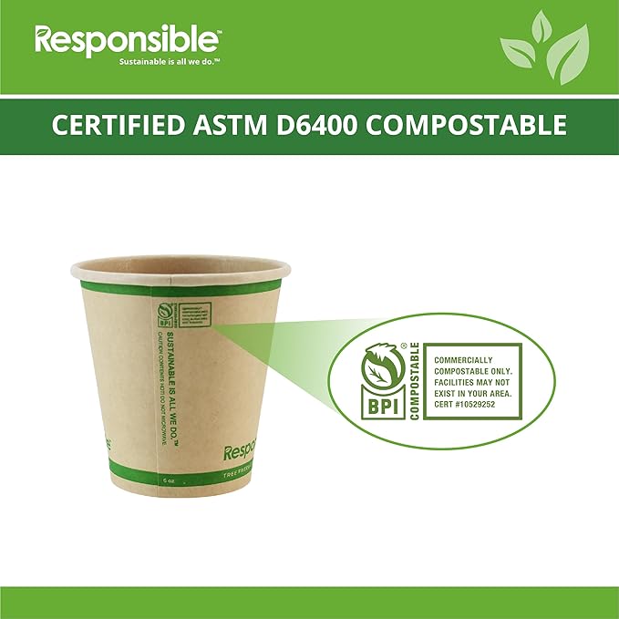 Responsible Products 6 oz Paper Hot Cups, Tree-Less™ Compostable Paper Coffee Cups, Extra Strength, Tree-Free and Made Without PFAS, Natural Brown (1000 Count)