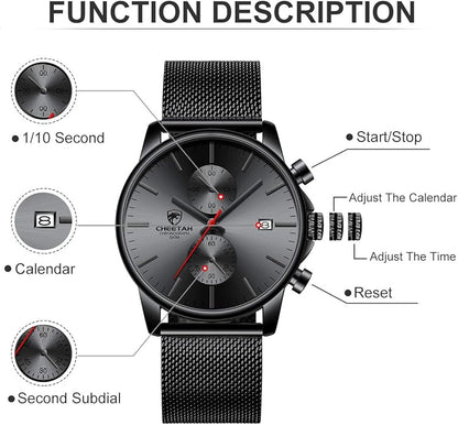 GOLDEN HOUR Mens Watch Fashion Sleek Minimalist Quartz Analog Mesh Stainless Steel Waterproof Chronograph Watches for Men with Auto Date