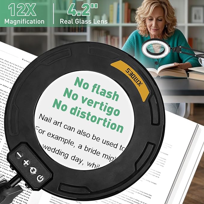 12X Magnifying Glass with Light, Ultra Long 3 Section Swing Arm LED Desk Lamp with Large Clamp, 5 Color and Brightness Hands Free Magnifier Light and Stand for Workbench Crafts Reading Painting