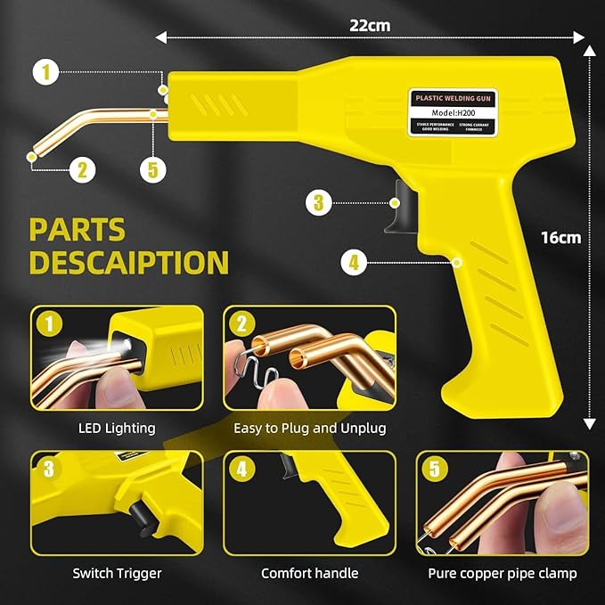 200W Plastic Welder, 2000PCS Staples 10PCS Sandpaper, Plastic welding Kit, Plier Custom Carry Case, Plastic Repair Car Bumper Repair Simplicity Of Use (Yellow)