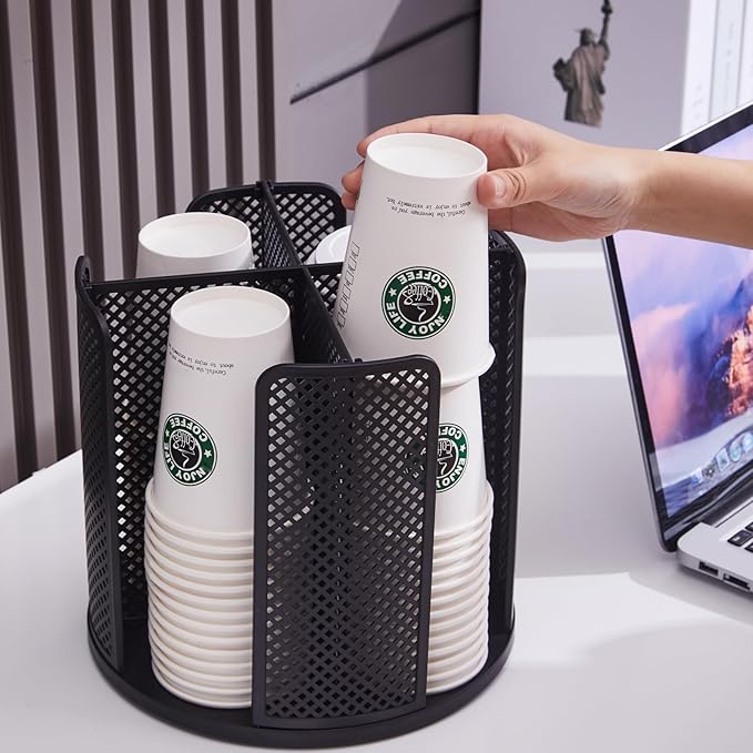 Coffee Cup Dispenser,Disposable Paper Cup and Lid Holder 360° Rotatable with 4 Compartments,Can Stacking 3-16oz Cups and Lid Holder for Coffee Shop,Home Countertop,Kitchen,Restaurant,Office