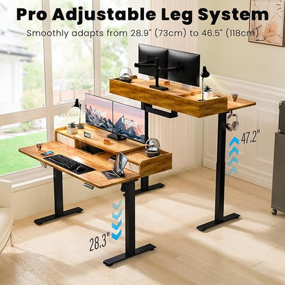 Kingant 55 x 30 Inch Standing Desk with Drawers, Adjustable Height Electric Sit Stand Desk with Storage Shelf, Rising Stand Up Computer Desk for Home Office Workstation, 3 Preset Heights