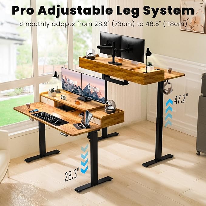 Kingant 55 x 30 Inch Standing Desk with Drawers, Adjustable Height Electric Sit Stand Desk with Storage Shelf, Rising Stand Up Computer Desk for Home Office Workstation, 3 Preset Heights