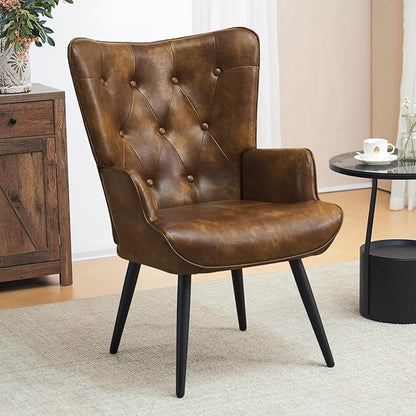 Furniliving PU Leather Accent Chair for Living Room, Upholstered Reading Chair with High Backrest, Tufted-Button Wingback Armchair for Bedroom, Dressing Room, Home Office, Brown, Set of 2