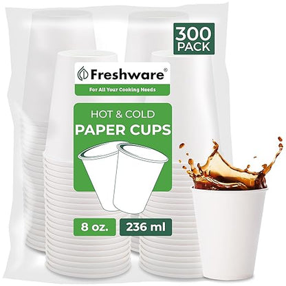 Freshware Coffee Cups 8 oz [300 Pack] Disposable Paper Cups for Hot or Iced Coffee Cup, Slushie Cup, Milkshakes, Smoothies, and Tea