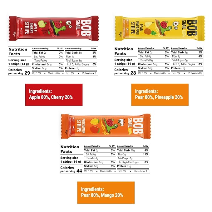 BOB SNAIL Healthy Organic Fruit Snacks for Kids and Adults – 30 Organic Fruit Leather Snacks with Persimmon, Pear-Pineapple,Cherry – Vegan Low-Carb Variety Pack Strips for Kids – Sugar Free Jerky Bars