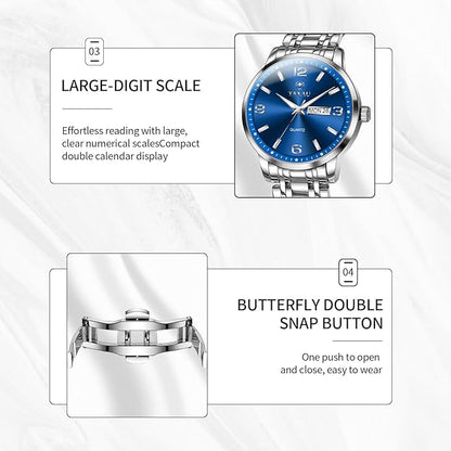 Stainless Steel Mens Watches with Day Date Quartz Analog Large Face Classic Watch Arabic Numerals Dress Luminous Rlojes para Hombres