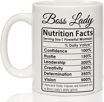 Breezy Valley Boss Lady Mug - Funny Boss Gifts for Women, Boss Day Gifts for Women, Christmas or Birthday Gift for Boss Female, Women Leaders - Boss Lady Nutrition Facts Coffee Mug, 11oz