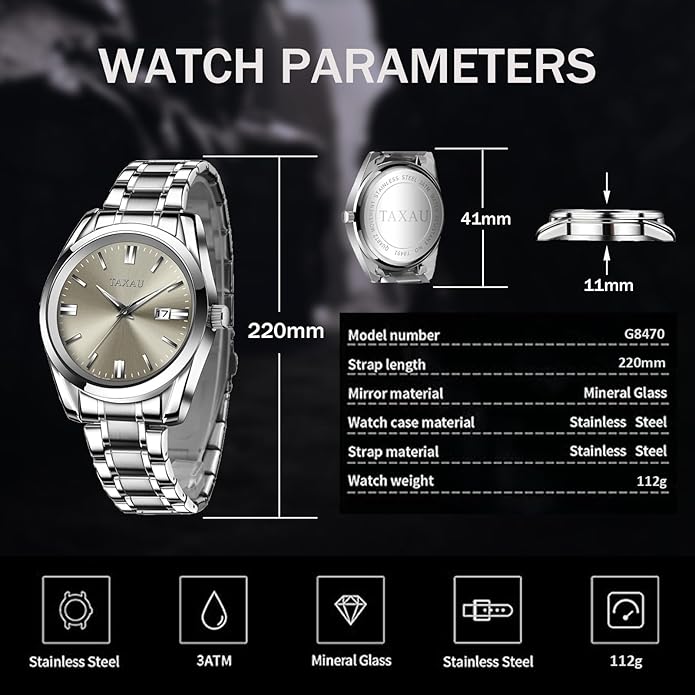 Mens Silver Watch Luxury Minimalist Dress Watch Classic Waterproof Watches for Men Analog Quartz Stainless Steel Men's Wrist Watches with Date Luminous Relojes para Hombres