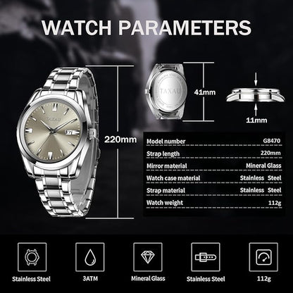 Mens Silver Watch Luxury Minimalist Dress Watch Classic Waterproof Watches for Men Analog Quartz Stainless Steel Men's Wrist Watches with Date Luminous Relojes para Hombres