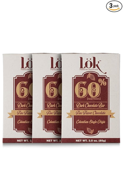 Lok Dark Chocolate Bar 60% Cacao | Fair Trade, Non GMO, Kosher, Gluten Free, Vegan, Bean-to-Bar, Paleo, Ethically Sourced Lök | 3.0 Ounce 3 Pack