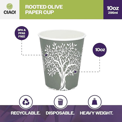CIAO! 10oz Paper Hot Cup, Rooted Olive Print, (Case of 1,000)