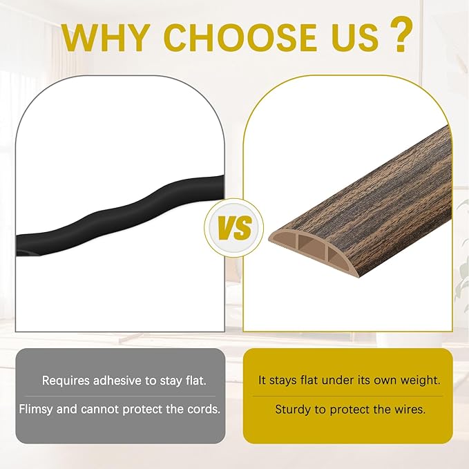 Floor Cord Cover 3.3FT Cord Covers for Wires on Floor Protect Wires & Prevent Trip Hazards, Easy to Cut for Home, Office, School, Concerts, Cavity W0.6in x H0.32in