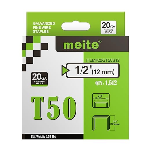 meite T50 Heavy Duty Staples, 1/2 Inch Galvanized T50 Staples for Staple Gun, 20 Gauge 3/8 Inch Crown Staple for Upholstery, Construction, Furniture (1 Case)