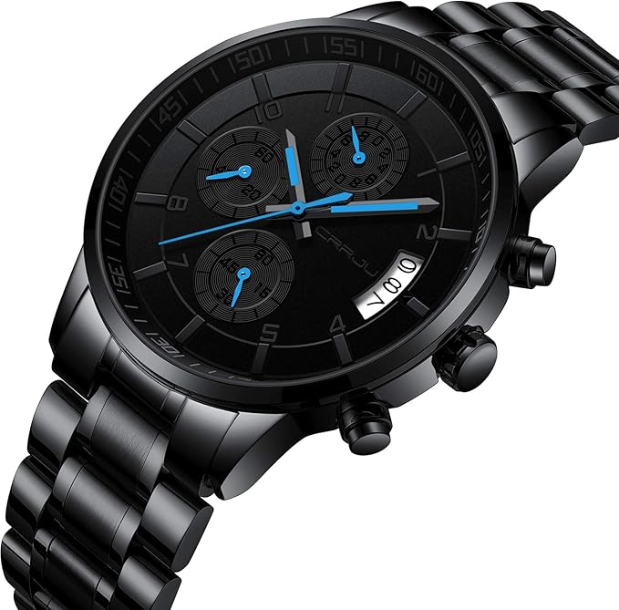 CRRJU Men's Fashion Stainless Steel Watches Date Waterproof Chronograph Wristwatches,Black Steel Band Waterproof Quartz Watch for Men