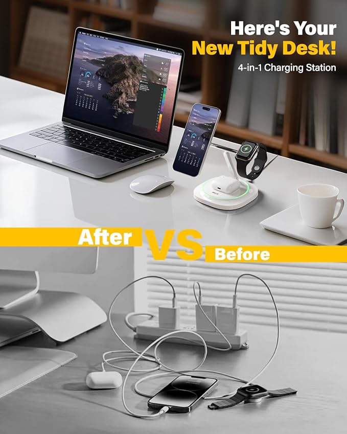 3 in 1 Magnetic Wireless Charger for Apple -Fast Charging Station Compatible with MagSafe for iPhone17-12, Apple Watch&AirPods, Phone and Watch Charger Stand for Desktop Bedside Office (Elegant White)